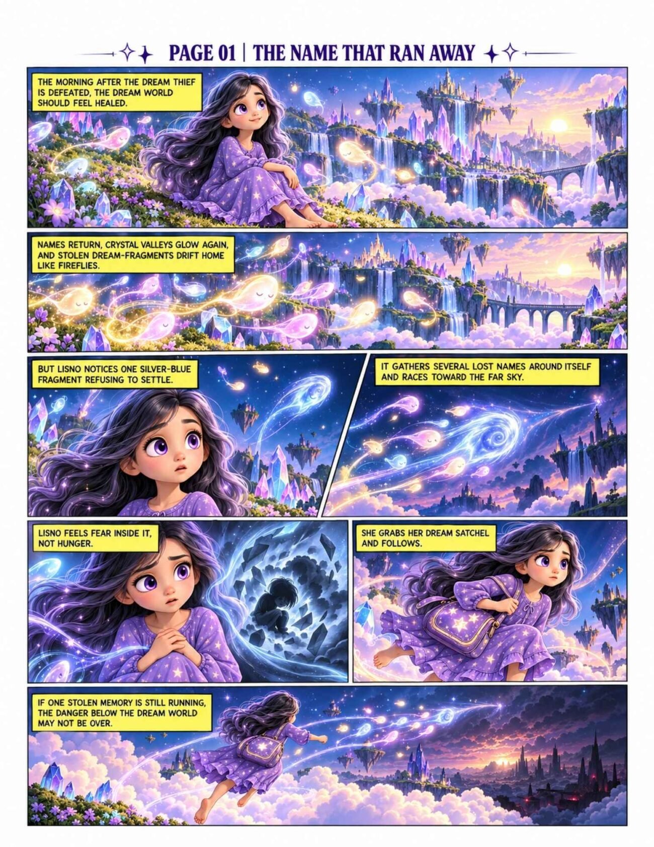 Comic preview page 1, The Name That Ran Away, showing Lisno chasing a glowing runaway dream fragment across the purple-blue Sleepfields.