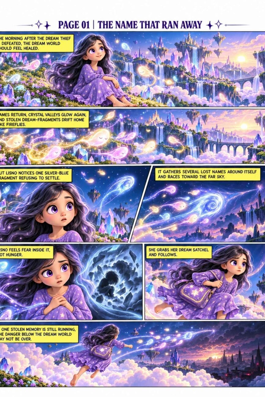Comic preview page 1, The Name That Ran Away, showing Lisno chasing a glowing runaway dream fragment across the purple-blue Sleepfields.