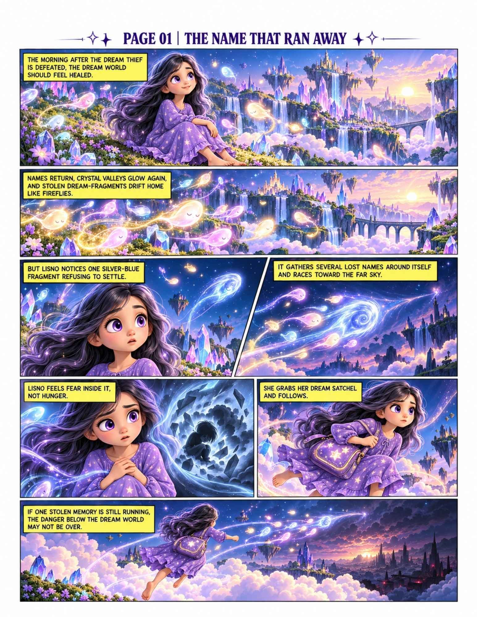 Comic preview page 1, The Name That Ran Away, showing Lisno chasing a glowing runaway dream fragment across the purple-blue Sleepfields.