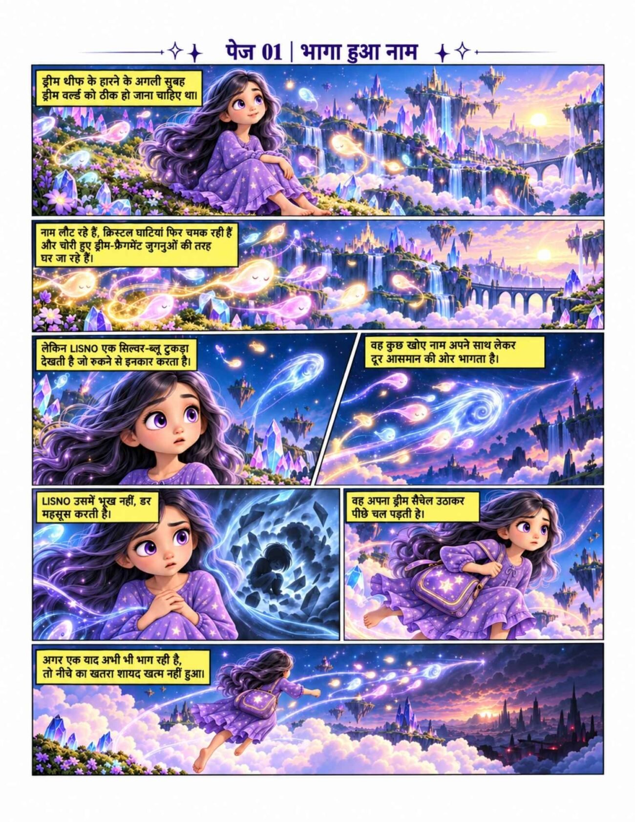 Hindi comic preview, Bhaga Hua Naam, with Lisno chasing a runaway silver-blue dream through the colourful Sleepfields.