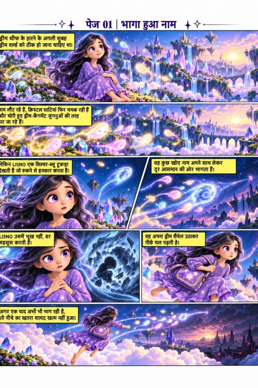 Hindi comic preview, Bhaga Hua Naam, with Lisno chasing a runaway silver-blue dream through the colourful Sleepfields.
