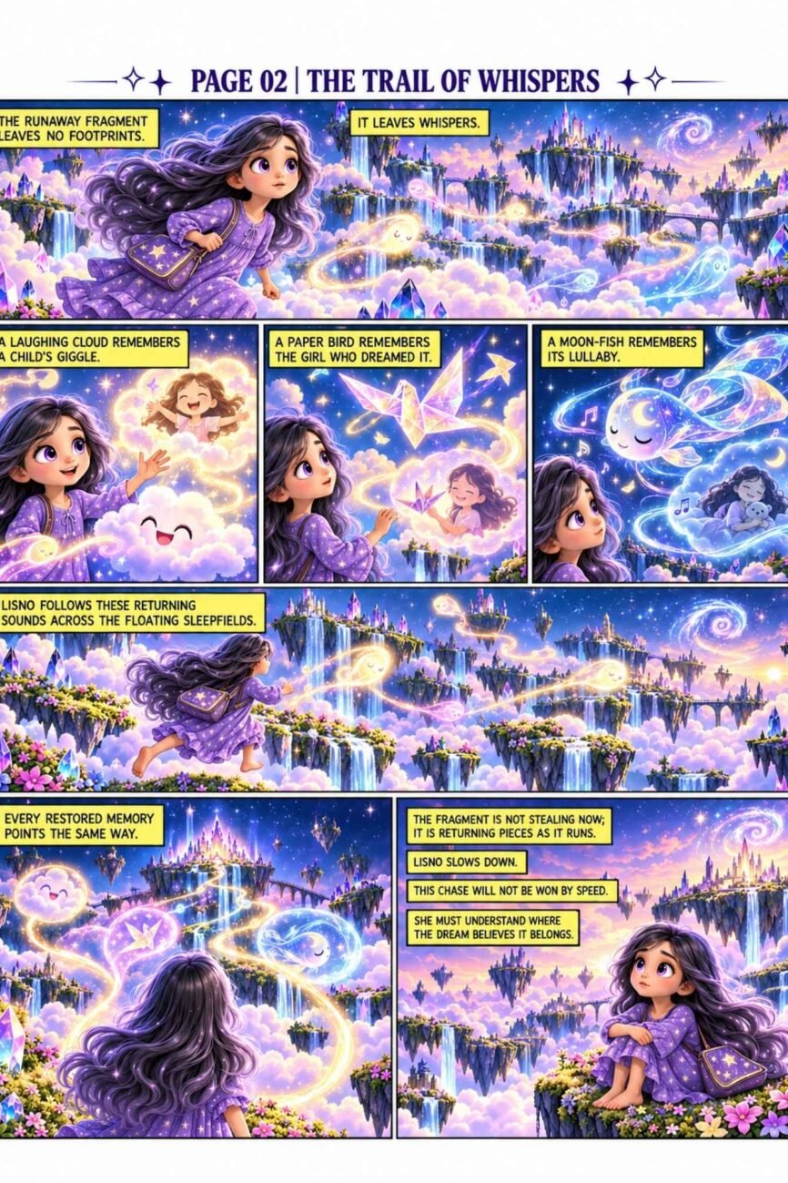 Comic preview page 2, The Trail of Whispers, showing Lisno following glowing memories from a laughing cloud, paper bird and moon-fish.