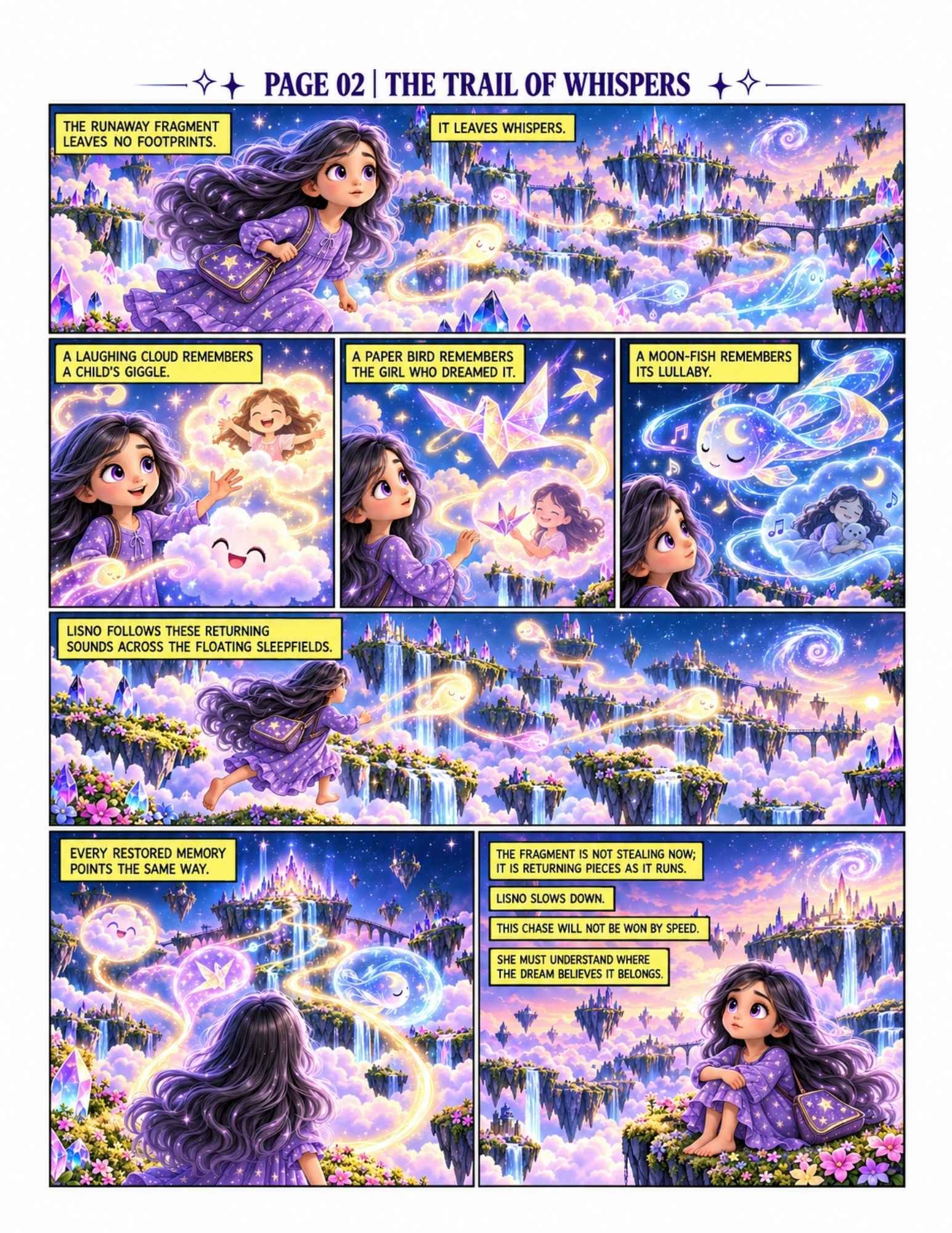 Comic preview page 2, The Trail of Whispers, showing Lisno following glowing memories from a laughing cloud, paper bird and moon-fish.