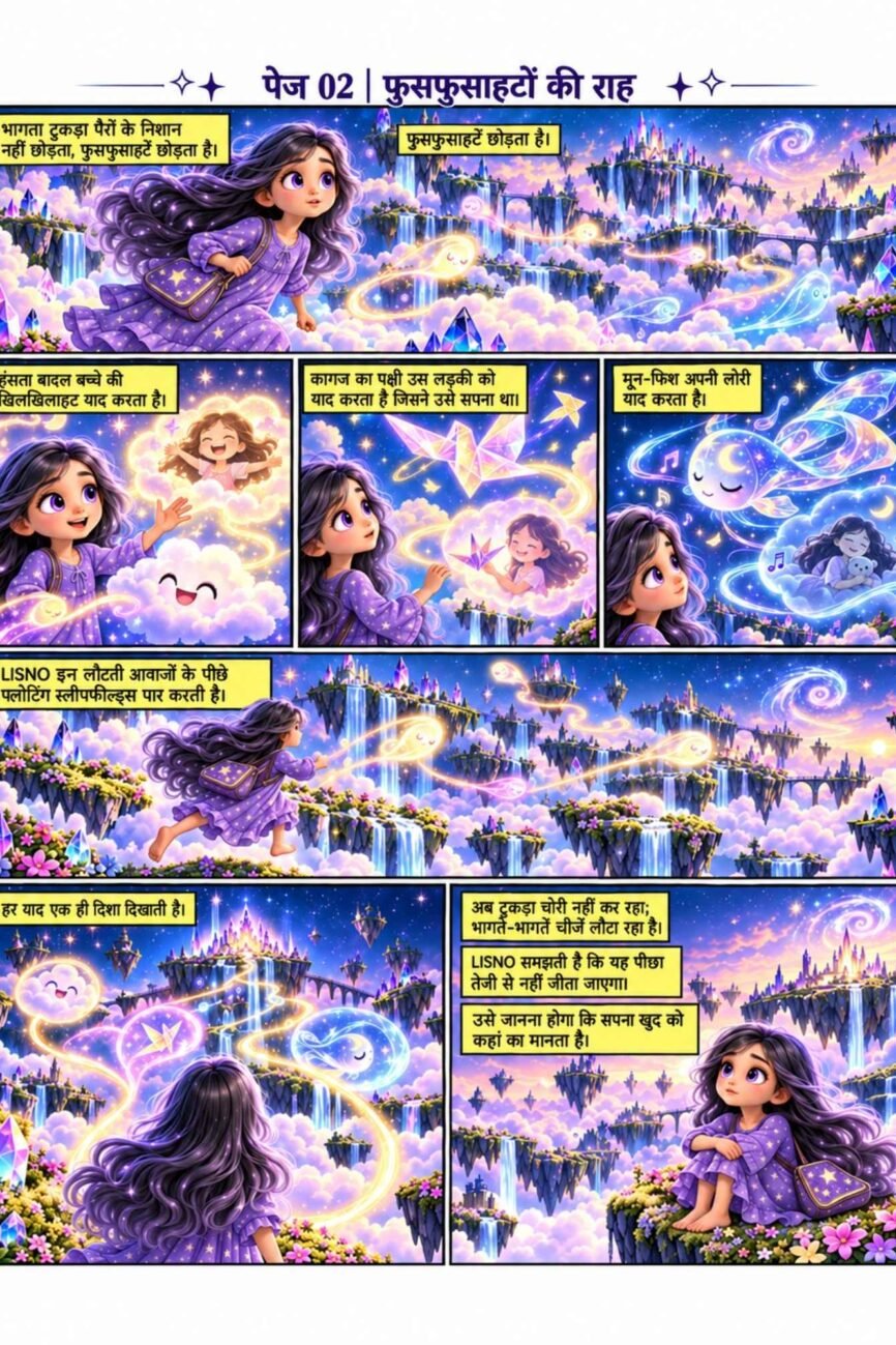Hindi comic preview, Phusphusahaton Ki Raah, with Lisno following glowing memory trails across floating dream islands.