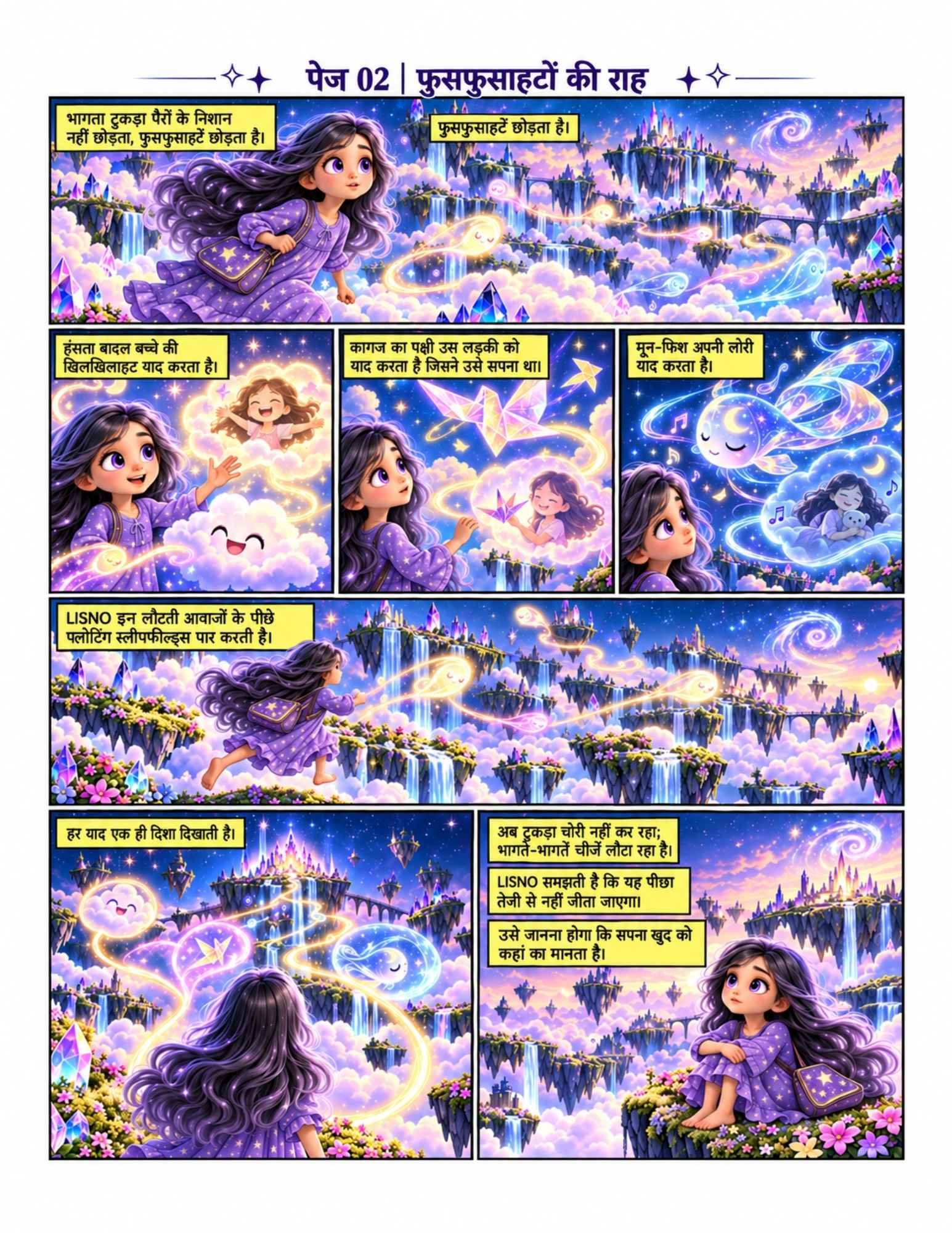 Hindi comic preview, Phusphusahaton Ki Raah, with Lisno following glowing memory trails across floating dream islands.