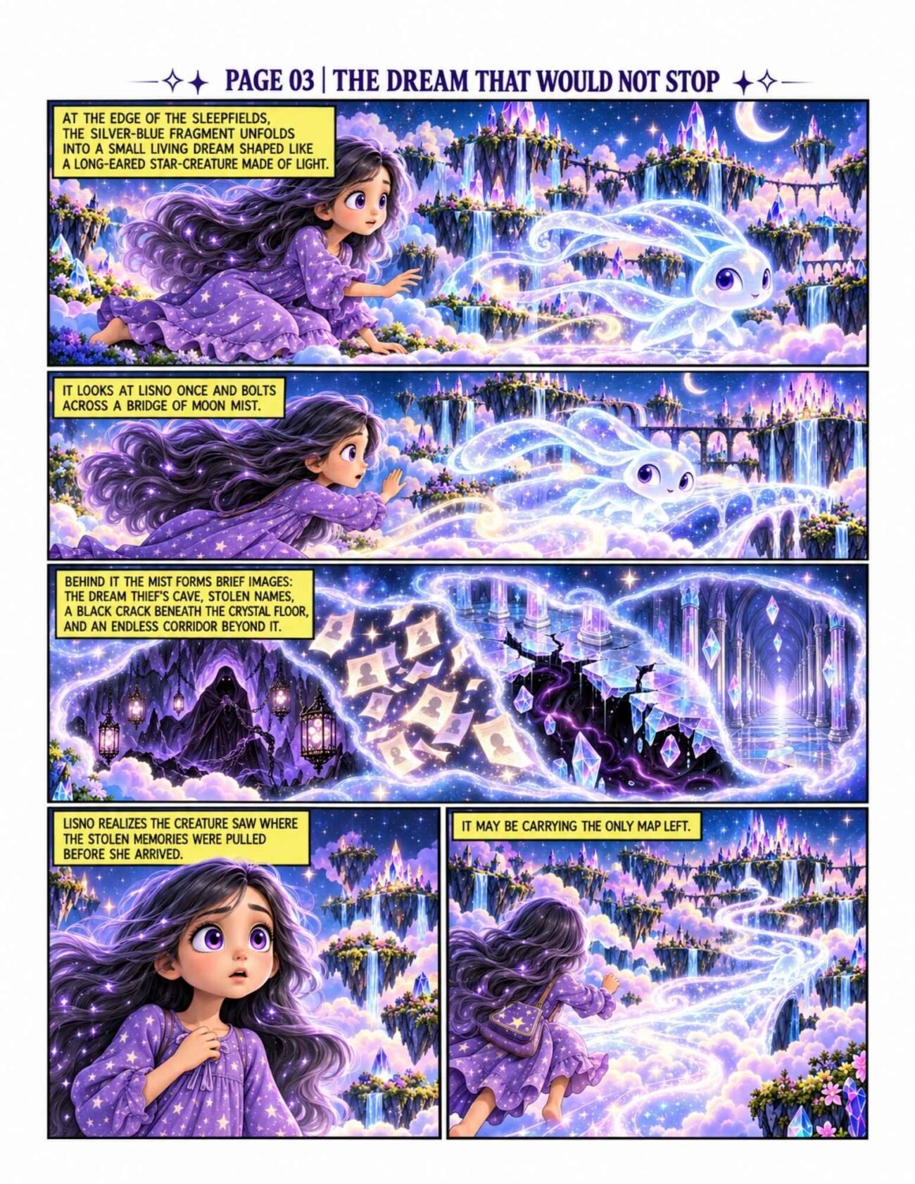 Comic preview page 3, The Dream That Would Not Stop, showing Lisno meeting luminous star-creature Trace and discovering stolen memories.