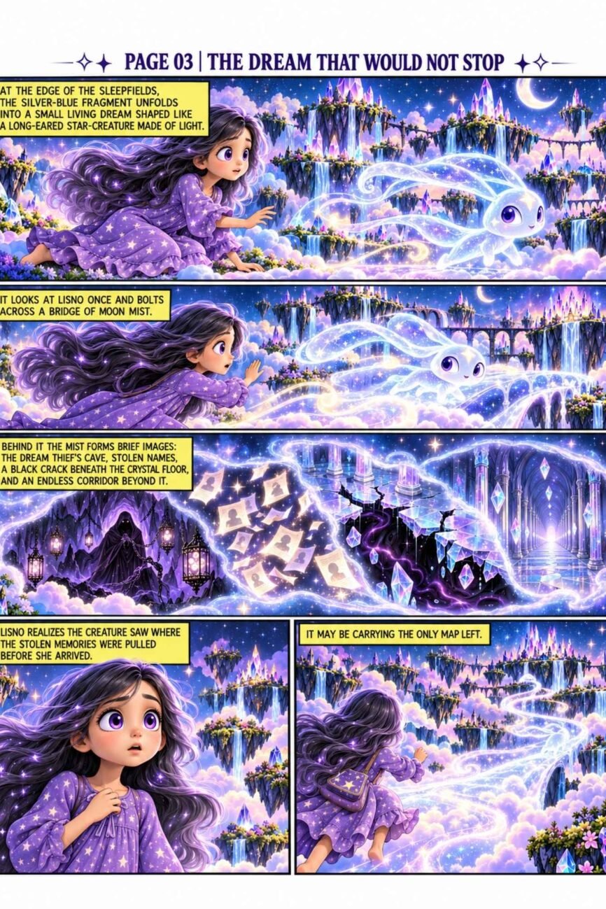 Comic preview page 3, The Dream That Would Not Stop, showing Lisno meeting luminous star-creature Trace and discovering stolen memories.