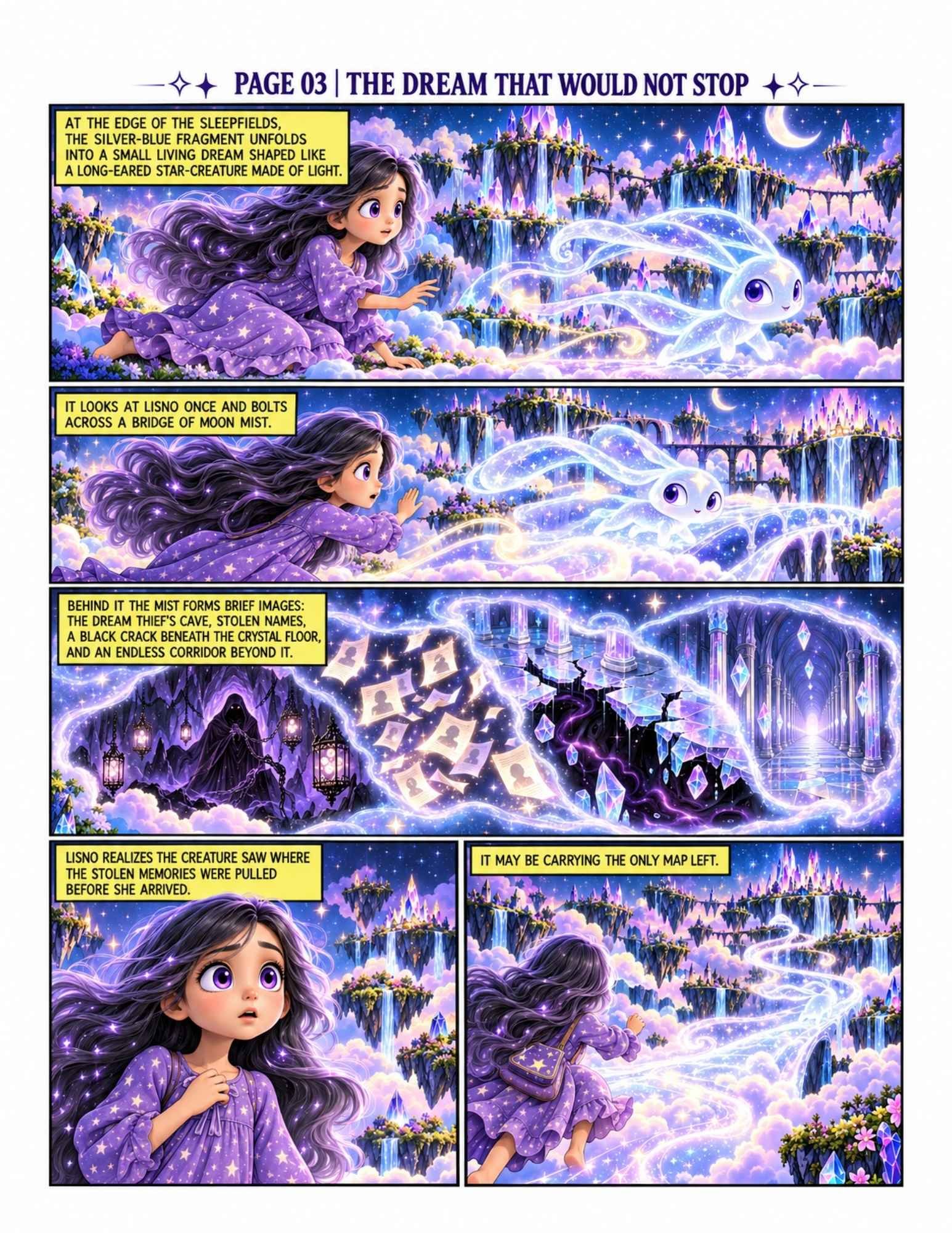 Comic preview page 3, The Dream That Would Not Stop, showing Lisno meeting luminous star-creature Trace and discovering stolen memories.