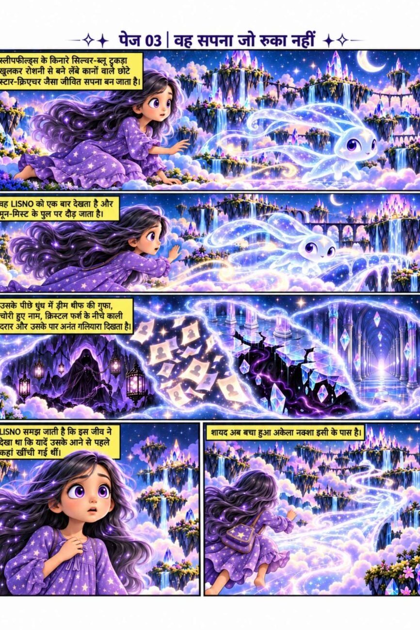 Hindi comic preview, Woh Sapna Jo Ruka Nahin, showing Lisno meeting luminous star creature Trace beside a moon bridge.