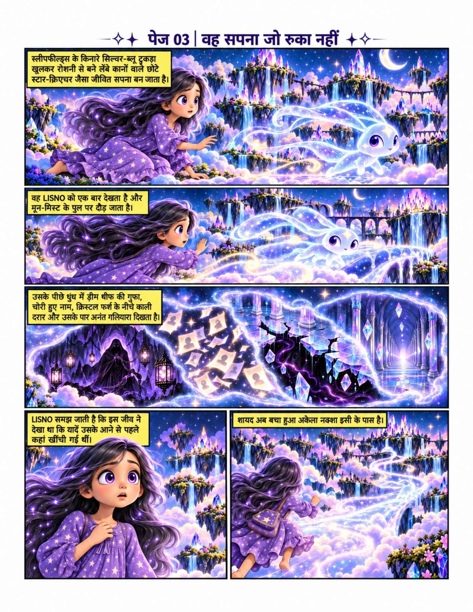 Hindi comic preview, Woh Sapna Jo Ruka Nahin, showing Lisno meeting luminous star creature Trace beside a moon bridge.