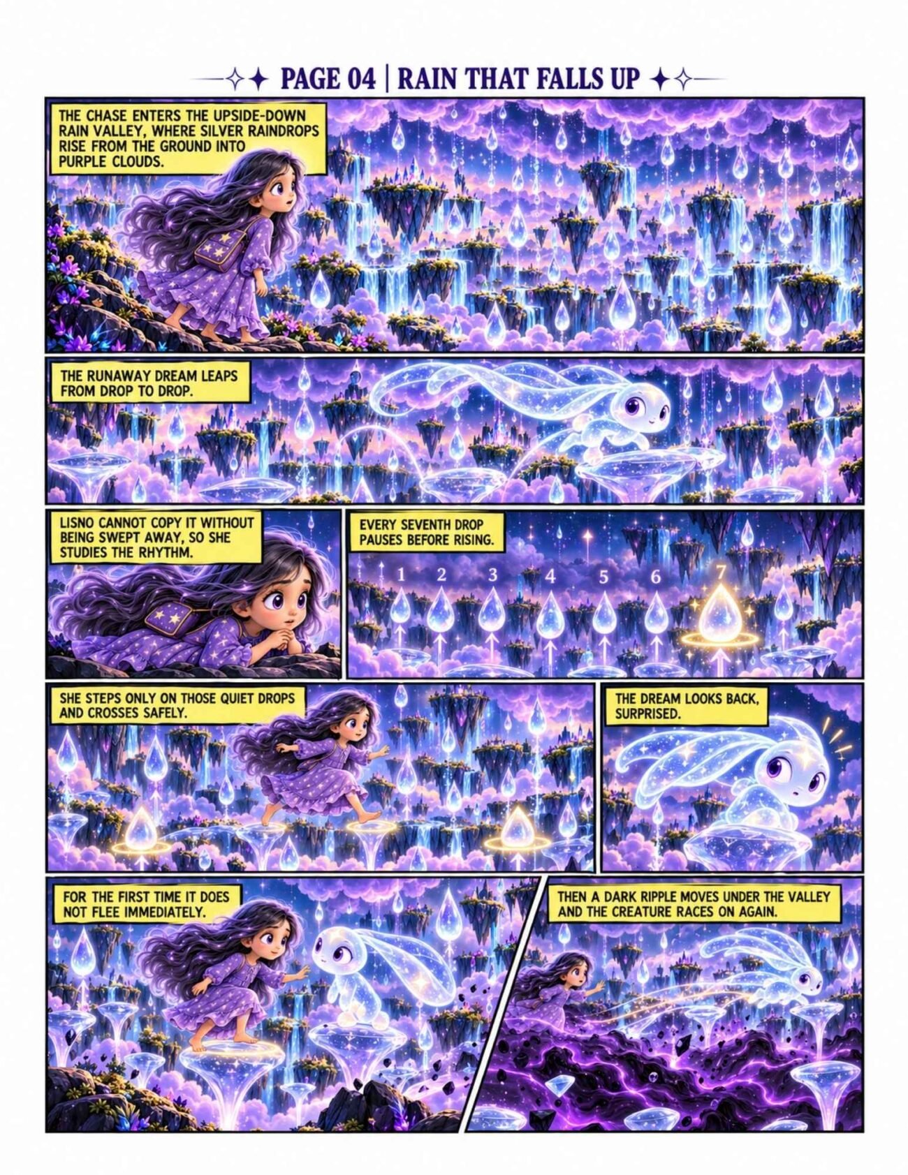 Comic preview page 4, Rain That Falls Up, showing Lisno and Trace crossing an upside-down rain valley of silver raindrops and purple clouds.