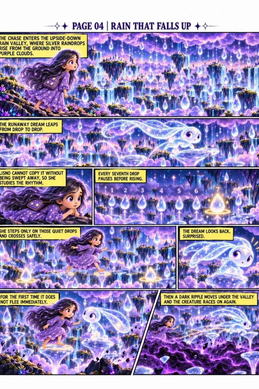 Comic preview page 4, Rain That Falls Up, showing Lisno and Trace crossing an upside-down rain valley of silver raindrops and purple clouds.