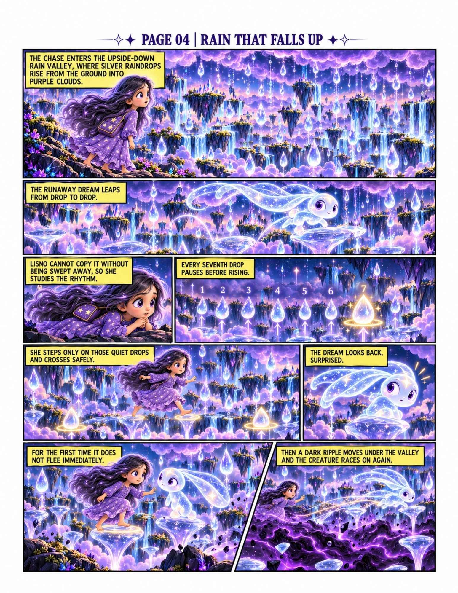 Comic preview page 4, Rain That Falls Up, showing Lisno and Trace crossing an upside-down rain valley of silver raindrops and purple clouds.