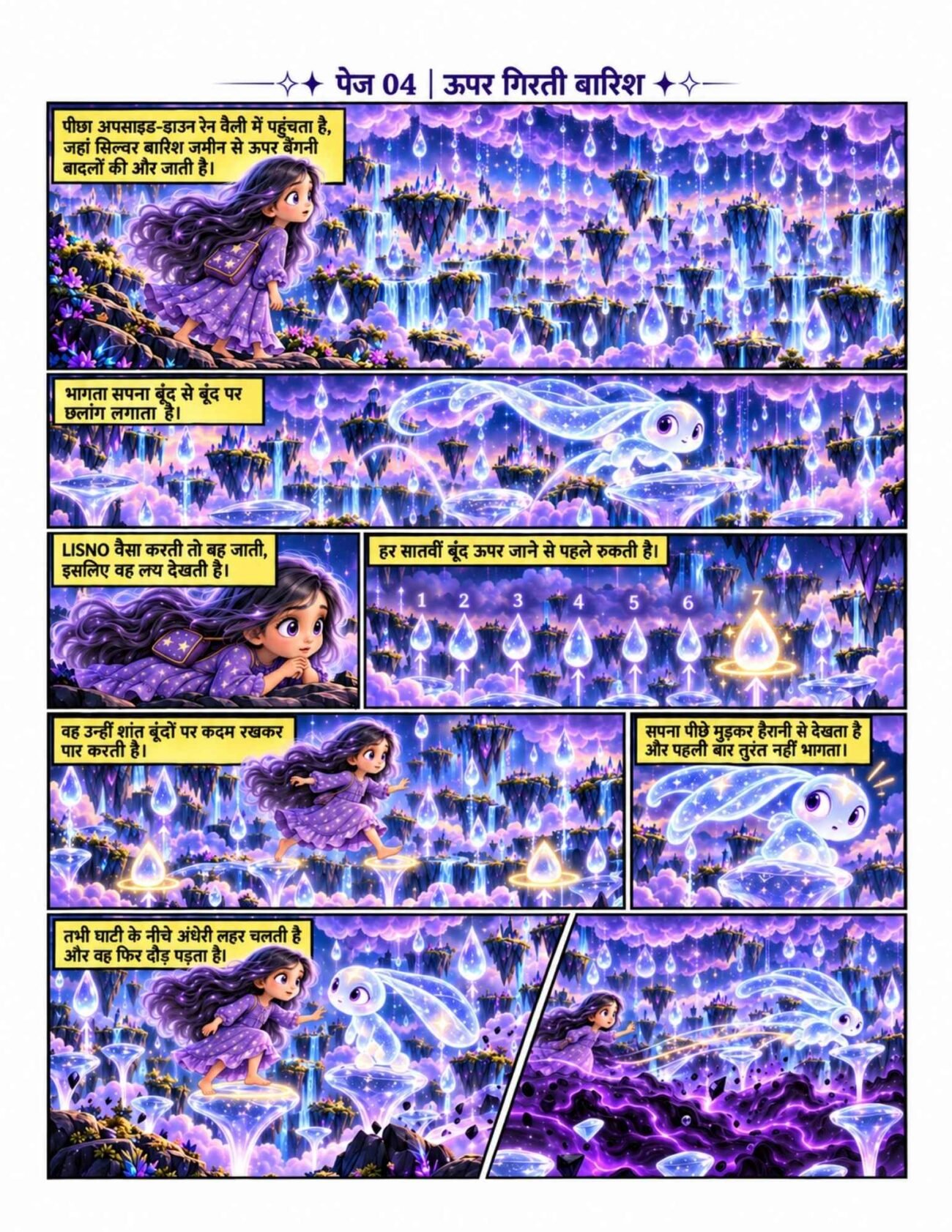 Hindi comic preview, Upar Girti Baarish, showing Lisno and Trace crossing an upside-down rain valley on glowing raindrops.