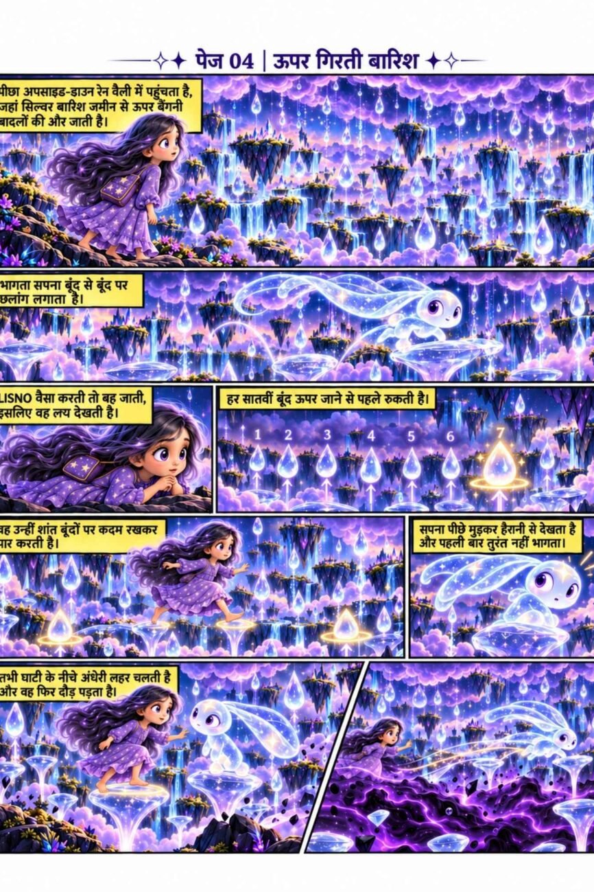 Hindi comic preview, Upar Girti Baarish, showing Lisno and Trace crossing an upside-down rain valley on glowing raindrops.