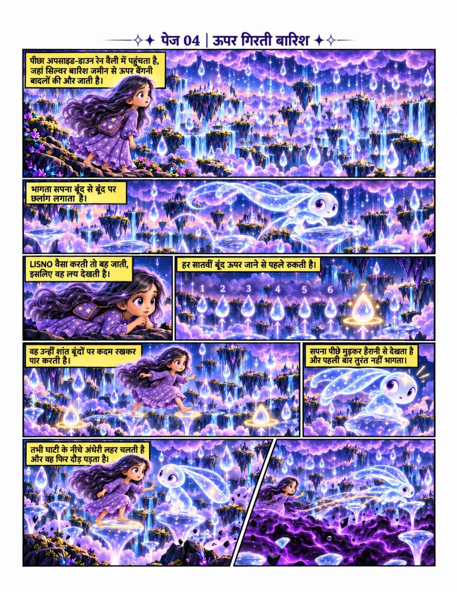 Hindi comic preview, Upar Girti Baarish, showing Lisno and Trace crossing an upside-down rain valley on glowing raindrops.