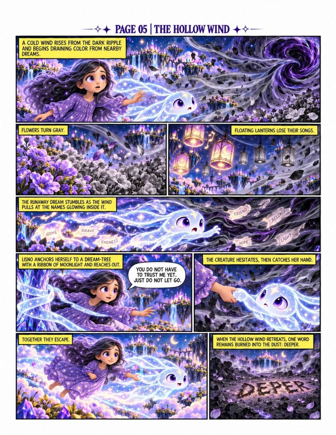Comic preview page 5, The Hollow Wind, showing Lisno saving Trace from a dark storm as they escape together through the magical dream world.
