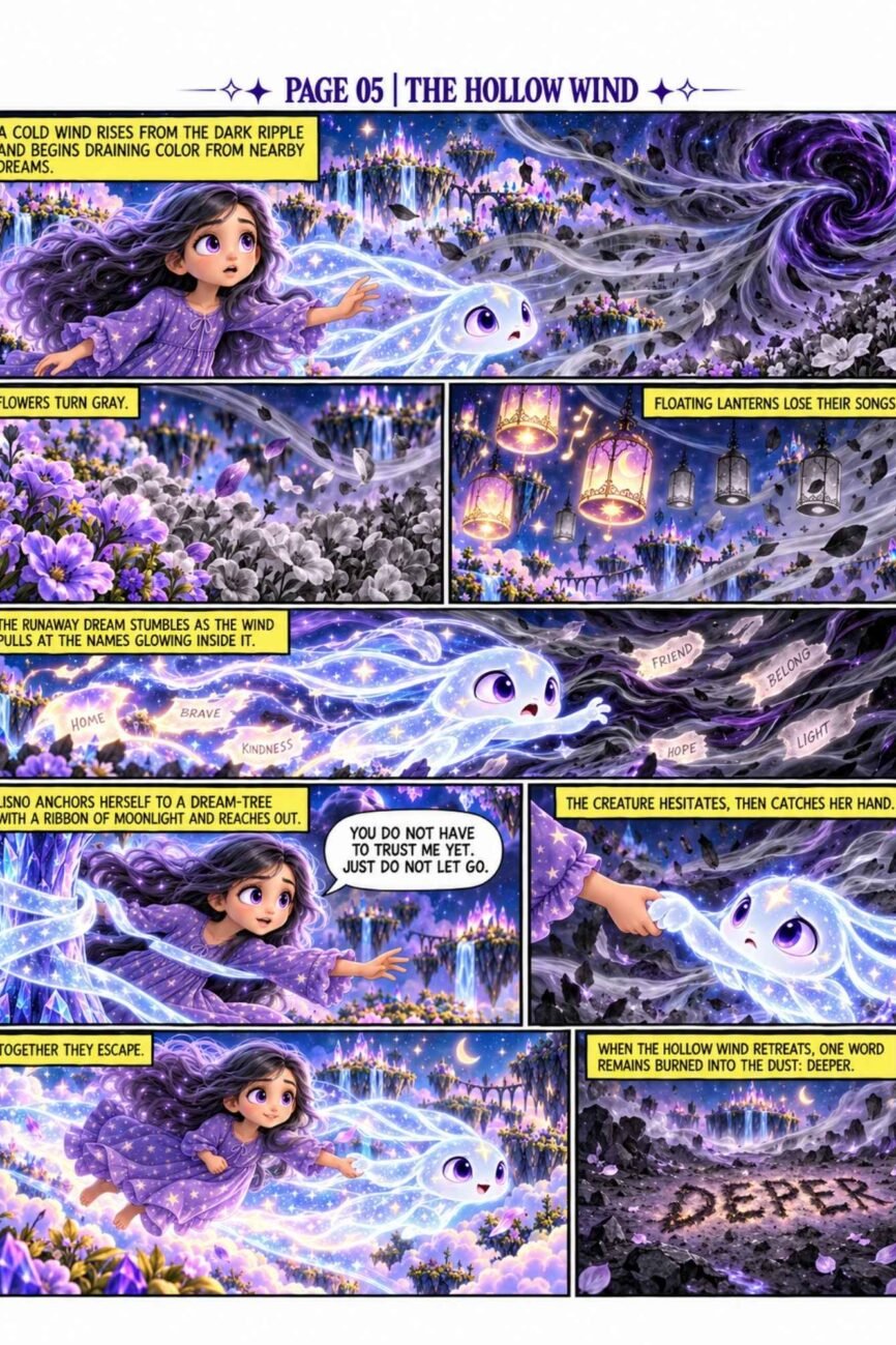 Comic preview page 5, The Hollow Wind, showing Lisno saving Trace from a dark storm as they escape together through the magical dream world.