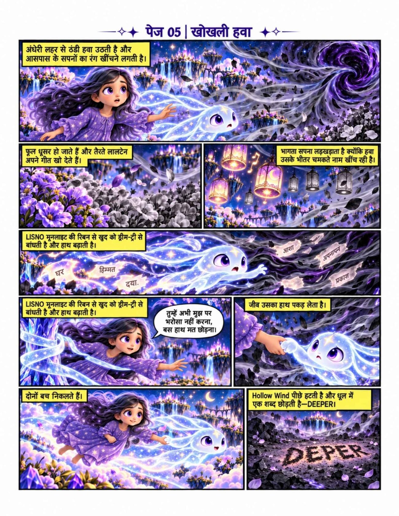 Hindi comic preview, Khokhli Hawa, showing Lisno rescuing Trace from the Hollow Wind in a magical purple dream world.