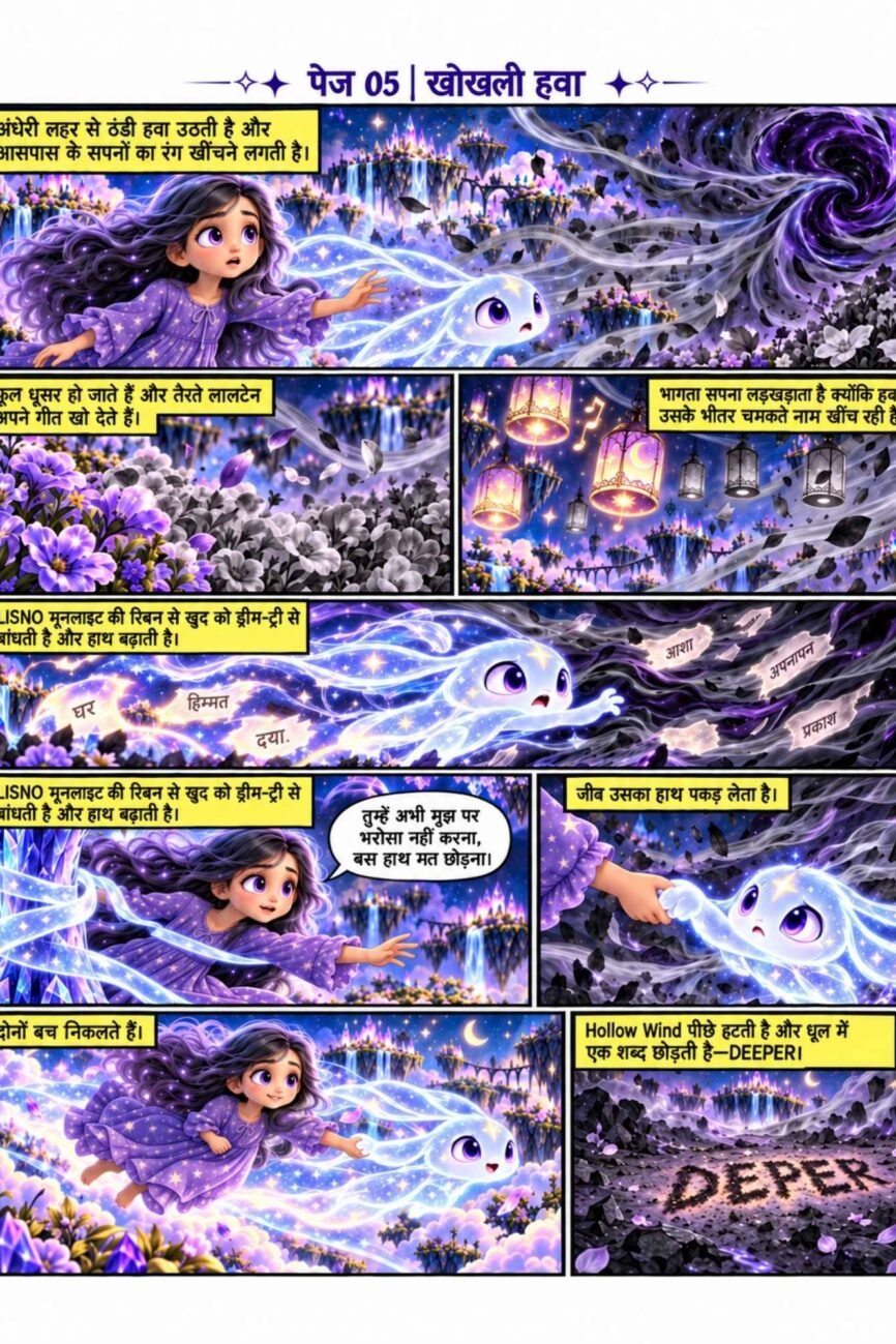 Hindi comic preview, Khokhli Hawa, showing Lisno rescuing Trace from the Hollow Wind in a magical purple dream world.