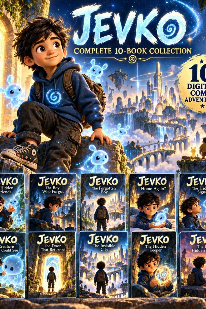 JEVKO complete 10-book digital comic collection cover showing a young boy, glowing blue creatures and a floating fantasy city.