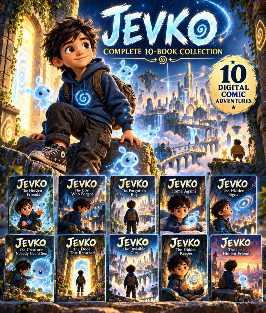 JEVKO complete 10-book digital comic collection cover showing a young boy, glowing blue creatures and a floating fantasy city.
