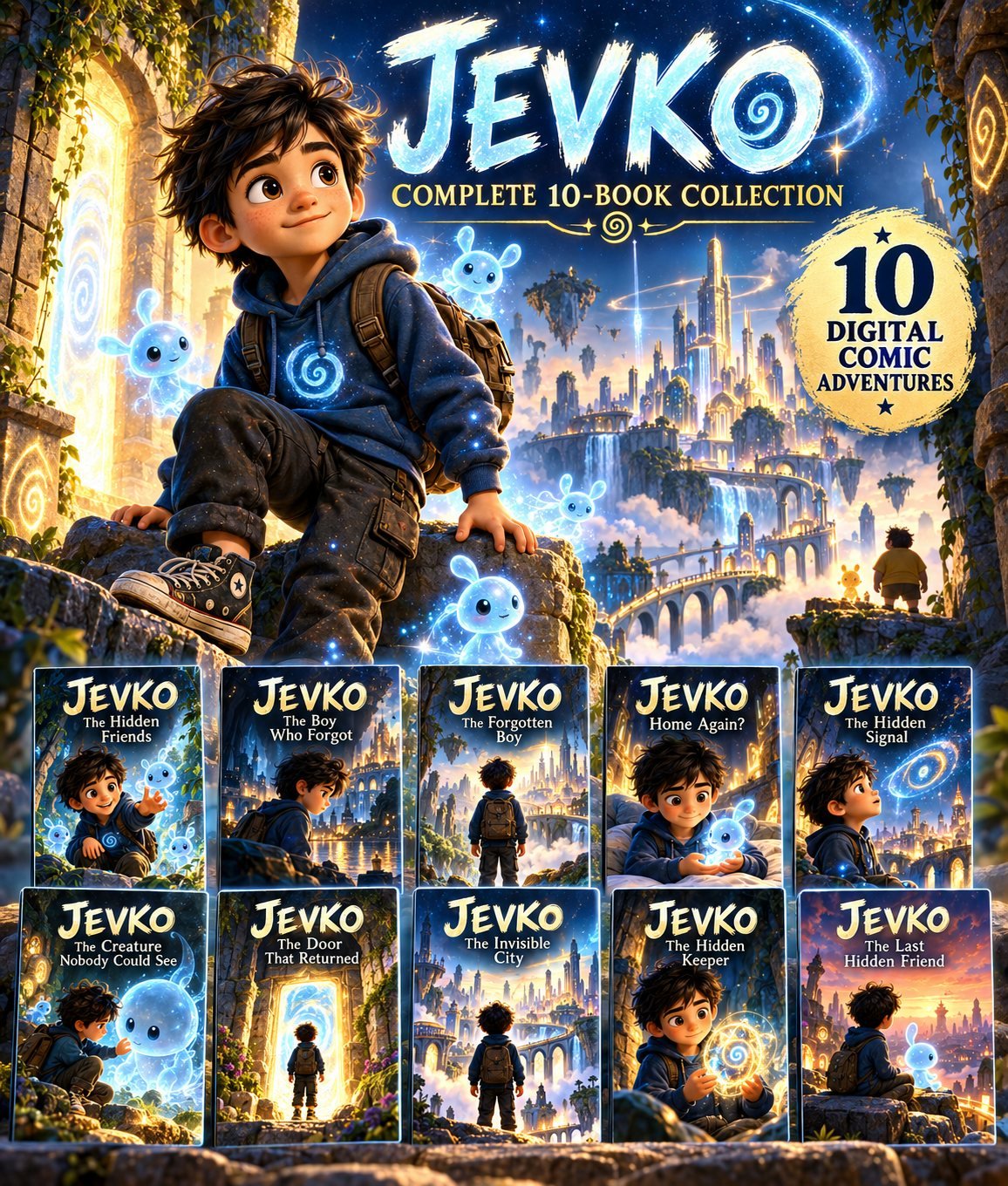JEVKO complete 10-book digital comic collection cover showing a young boy, glowing blue creatures and a floating fantasy city.