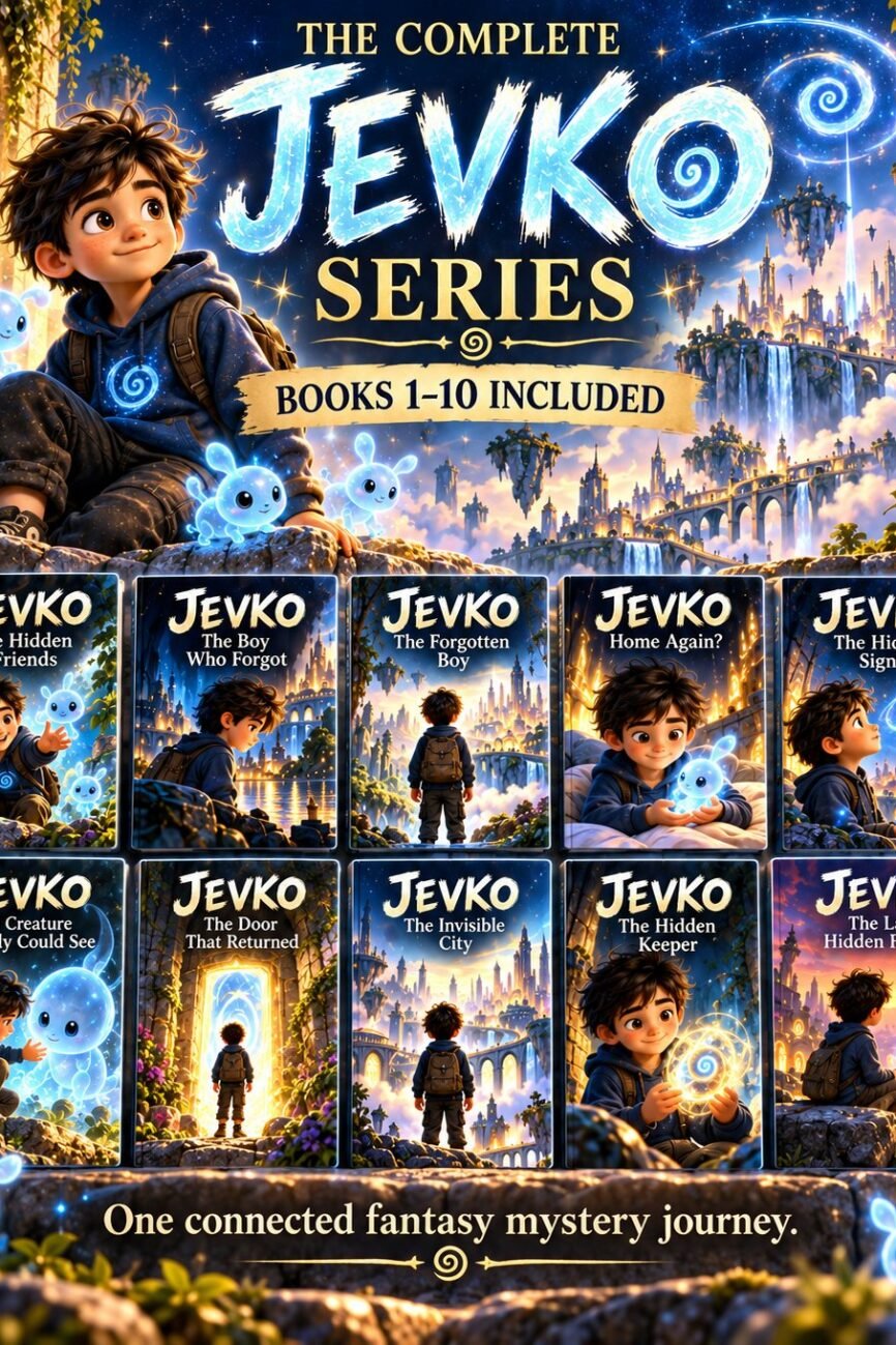 Complete JEVKO Series graphic displaying the covers of Books 1-10 beneath a boy and glowing companions in a fantasy city.