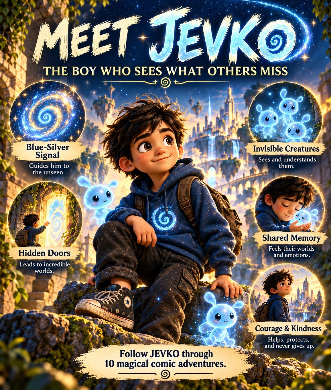 Meet JEVKO character graphic highlighting hidden doors, a blue-silver signal, invisible creatures, shared memory, courage and kindness.