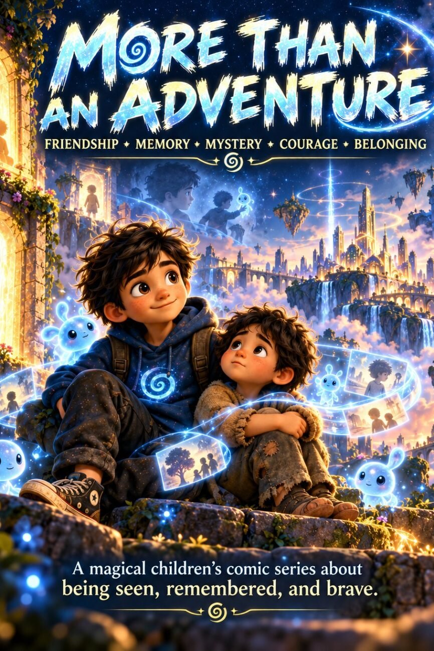 Two boys and glowing blue creatures overlooking a floating fantasy city, illustrating friendship, memory, courage and belonging.