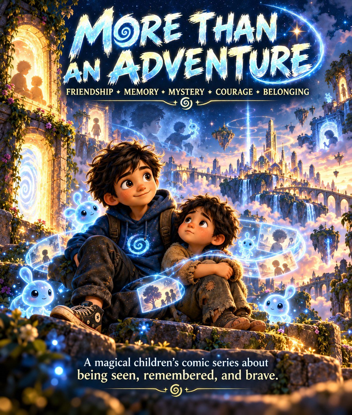 Two boys and glowing blue creatures overlooking a floating fantasy city, illustrating friendship, memory, courage and belonging.
