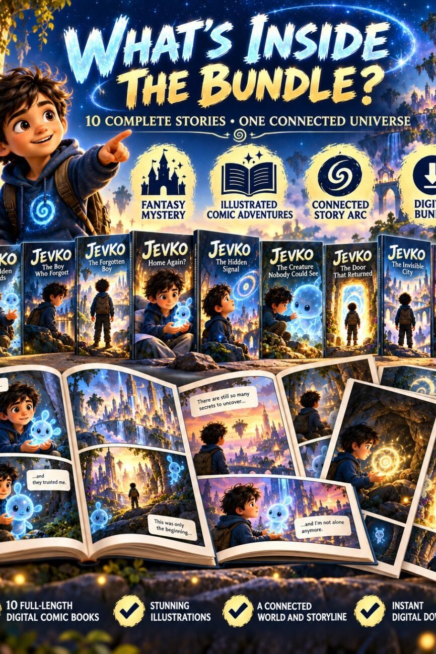JEVKO bundle contents graphic showing ten comic covers, illustrated story pages, a connected storyline and instant digital download.