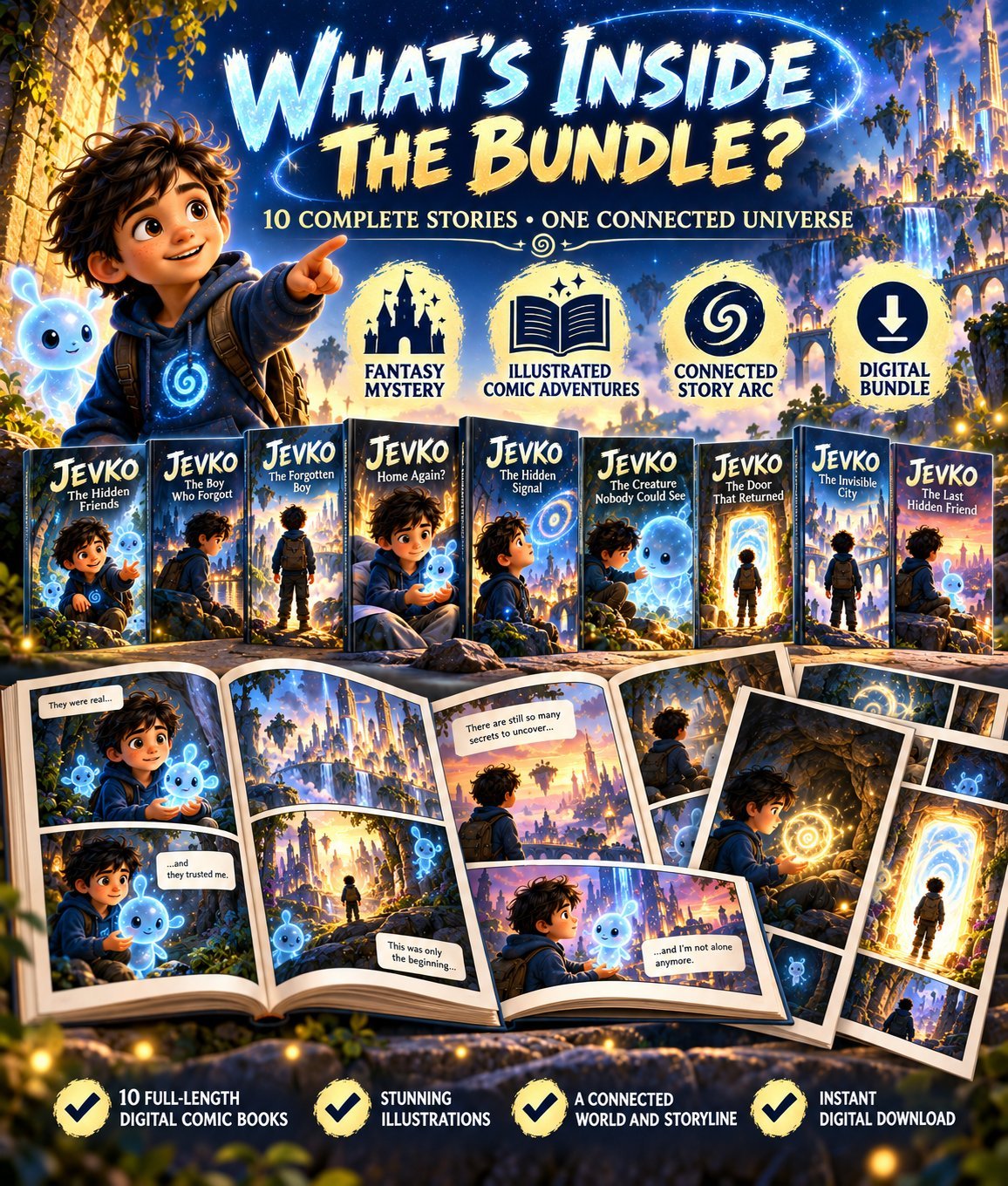 JEVKO bundle contents graphic showing ten comic covers, illustrated story pages, a connected storyline and instant digital download.