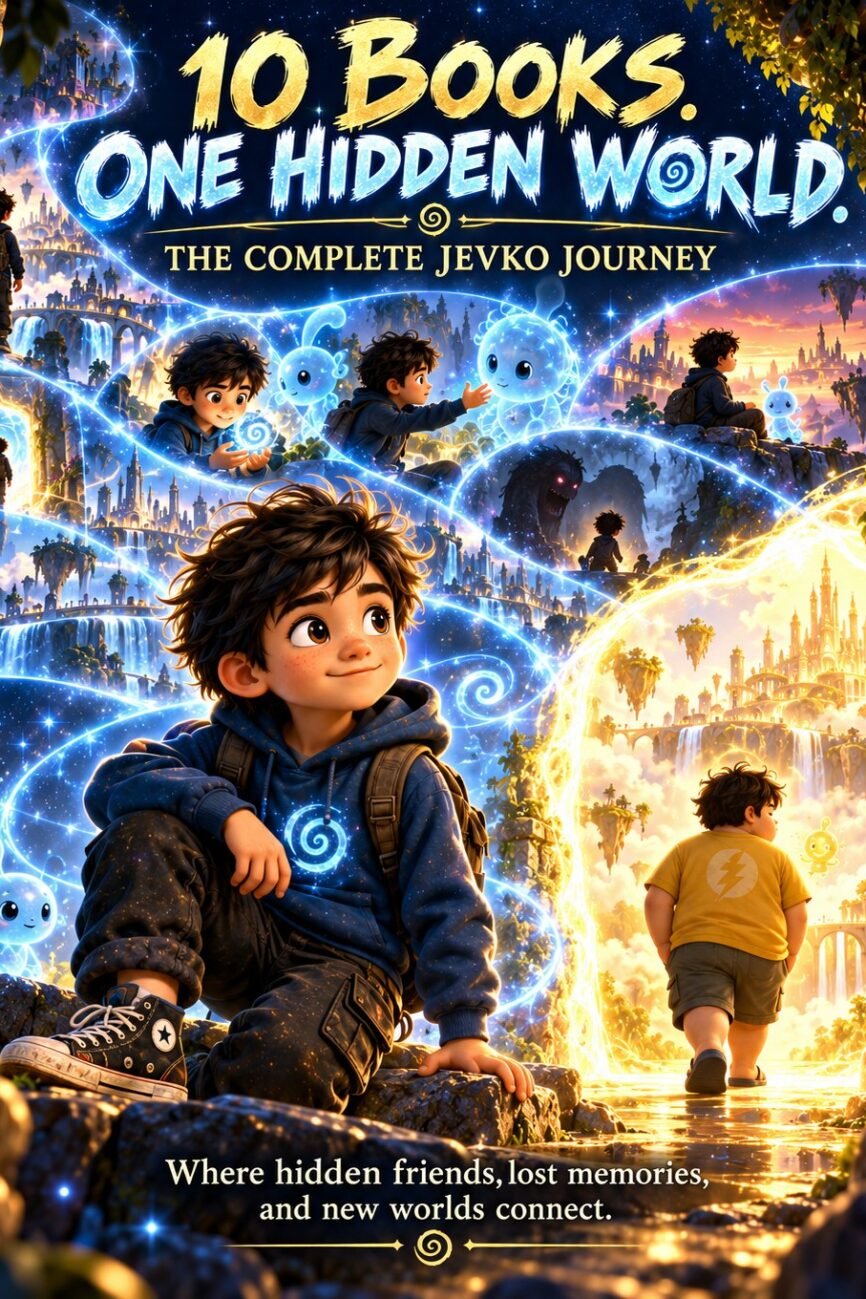 JEVKO complete journey artwork showing ten connected adventures, hidden friends, lost memories, magical doors and fantasy worlds.