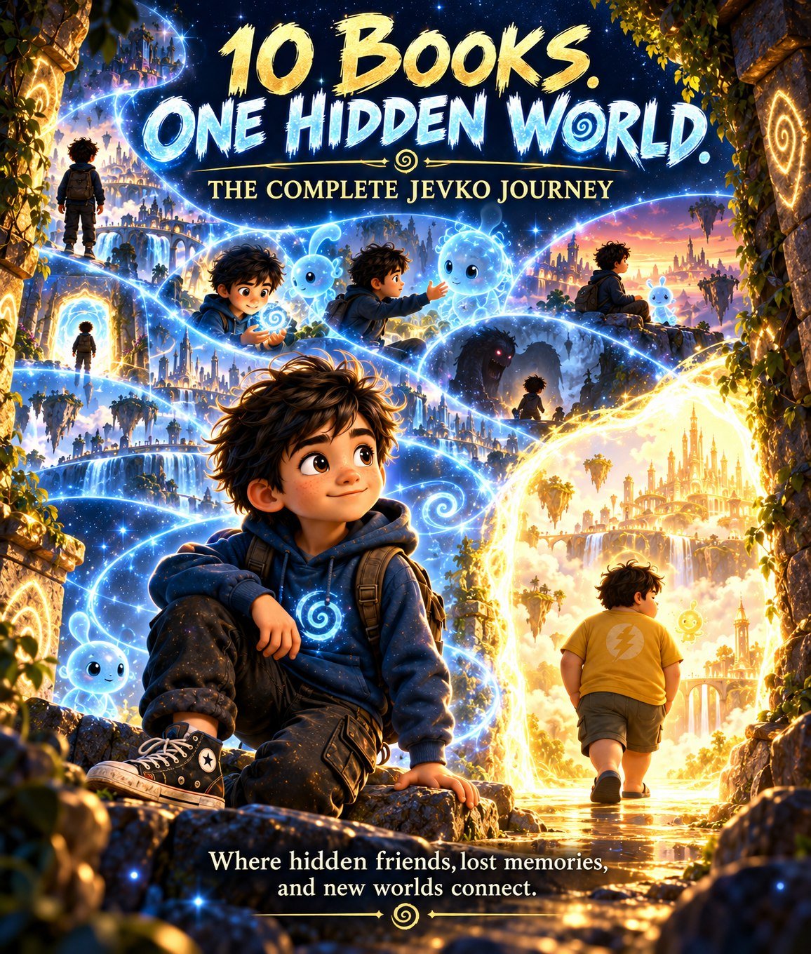 JEVKO complete journey artwork showing ten connected adventures, hidden friends, lost memories, magical doors and fantasy worlds.