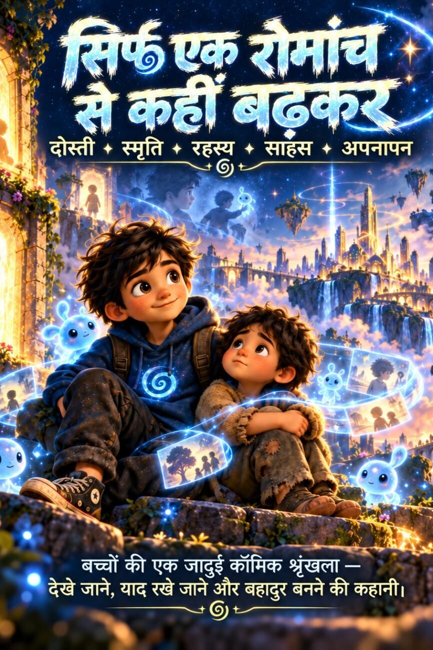 Hindi JEVKO kids fantasy comic bundle artwork showing two boys, glowing blue creatures and a floating magical city.