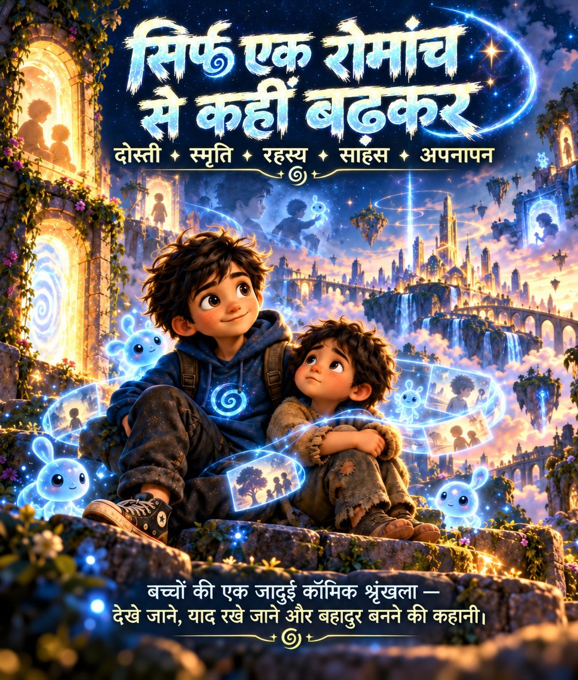 Hindi JEVKO kids fantasy comic bundle artwork showing two boys, glowing blue creatures and a floating magical city.