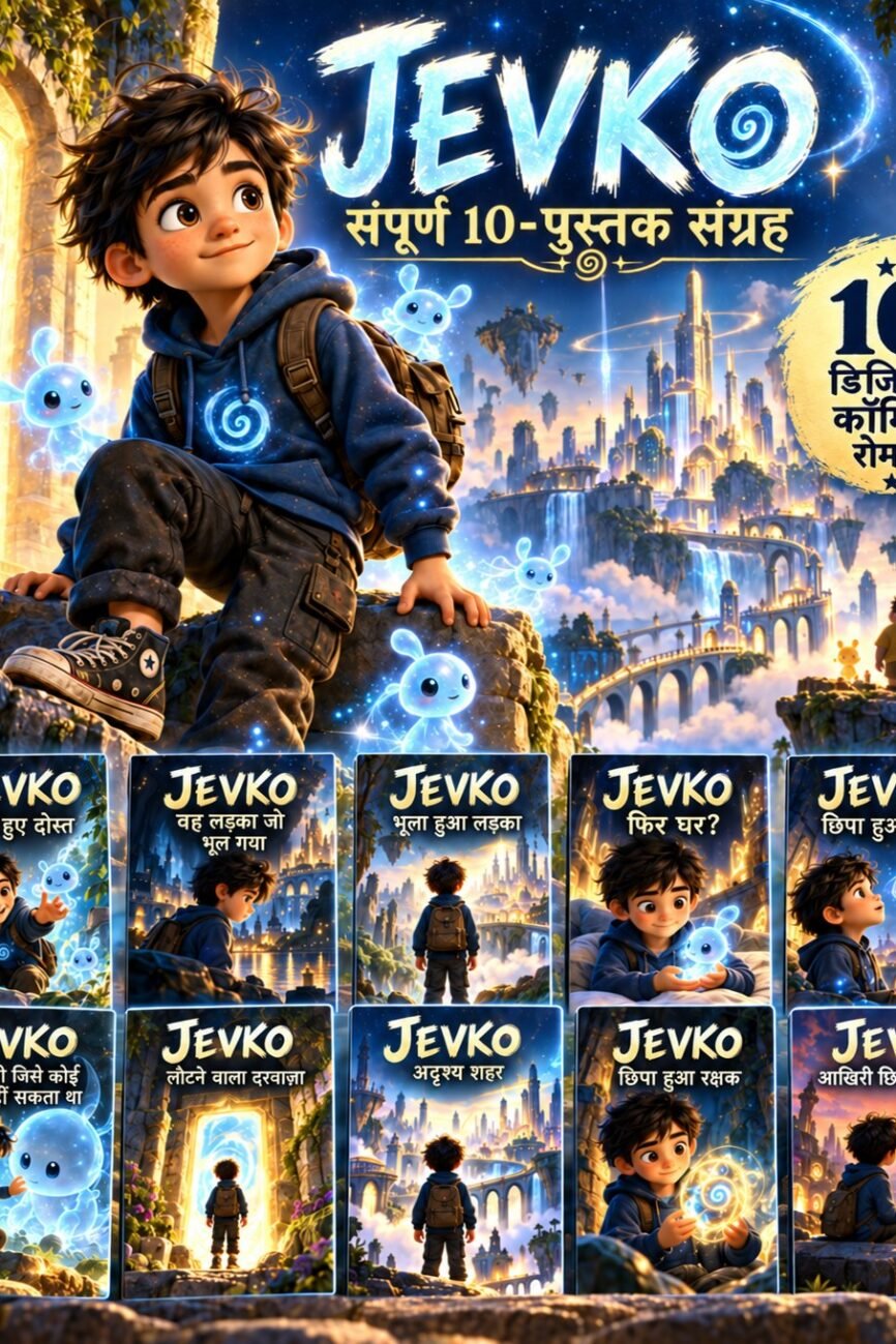 JEVKO Hindi complete 10-book digital comic collection showing all ten illustrated covers and a young hero in a fantasy world.