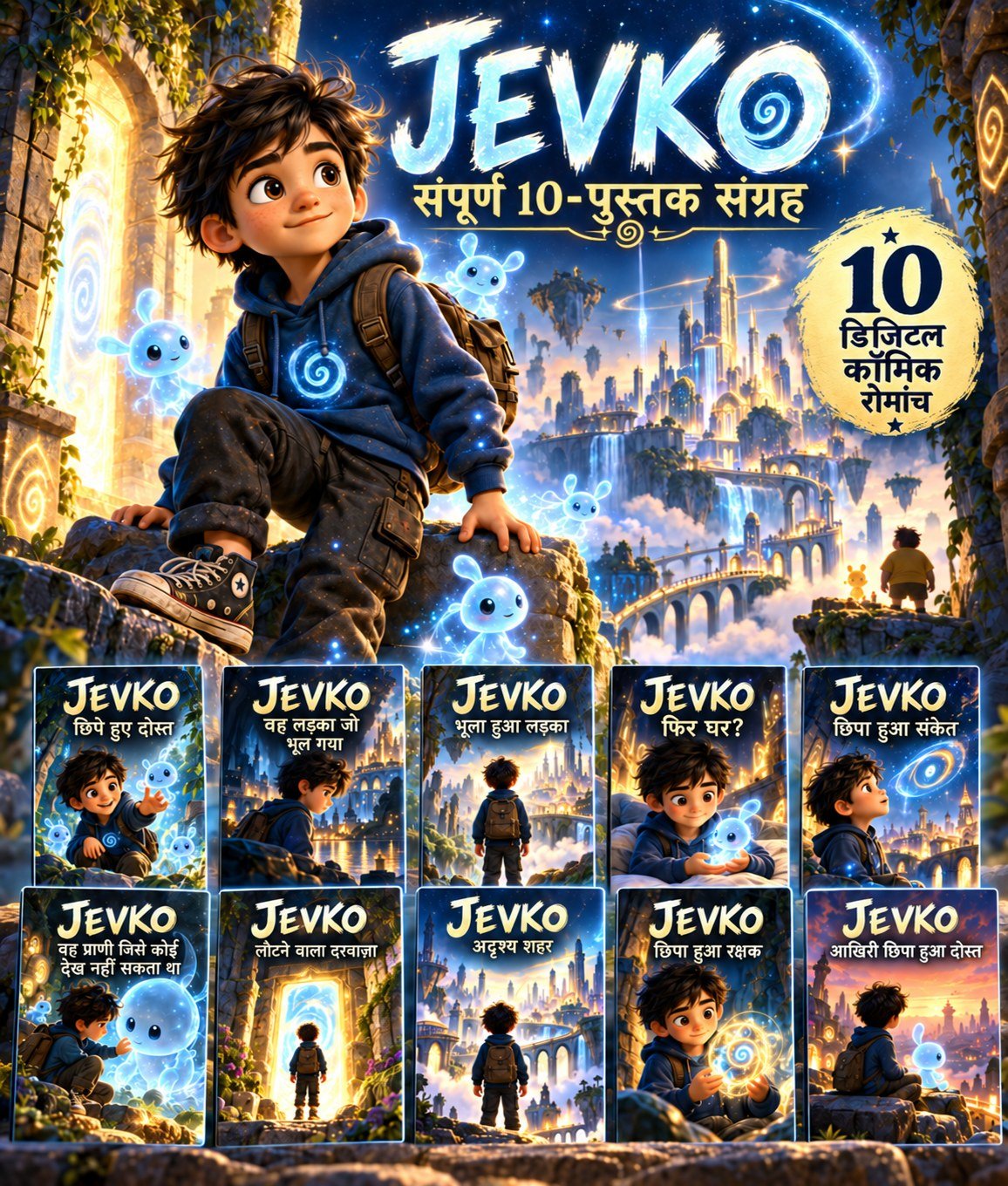 JEVKO Hindi complete 10-book digital comic collection showing all ten illustrated covers and a young hero in a fantasy world.