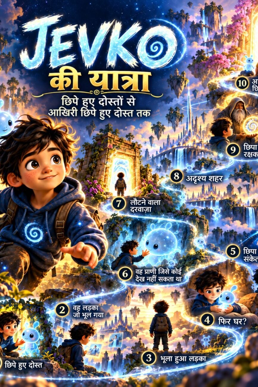 JEVKO Hindi story journey map tracing ten connected adventures through hidden doors, invisible cities and magical friendships.