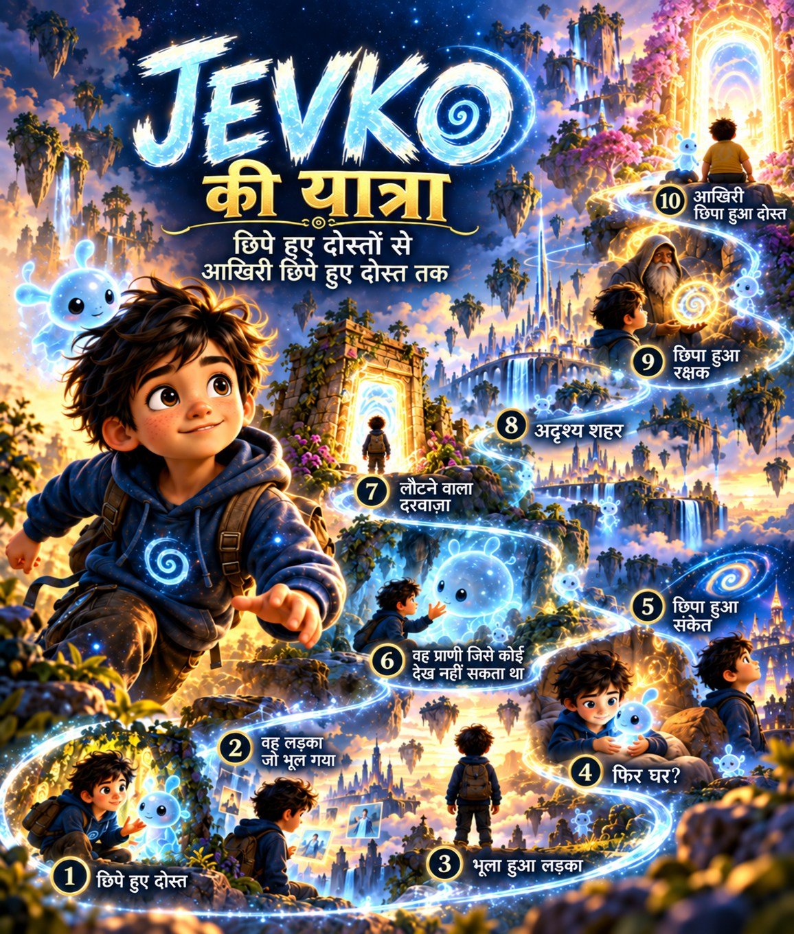 JEVKO Hindi story journey map tracing ten connected adventures through hidden doors, invisible cities and magical friendships.