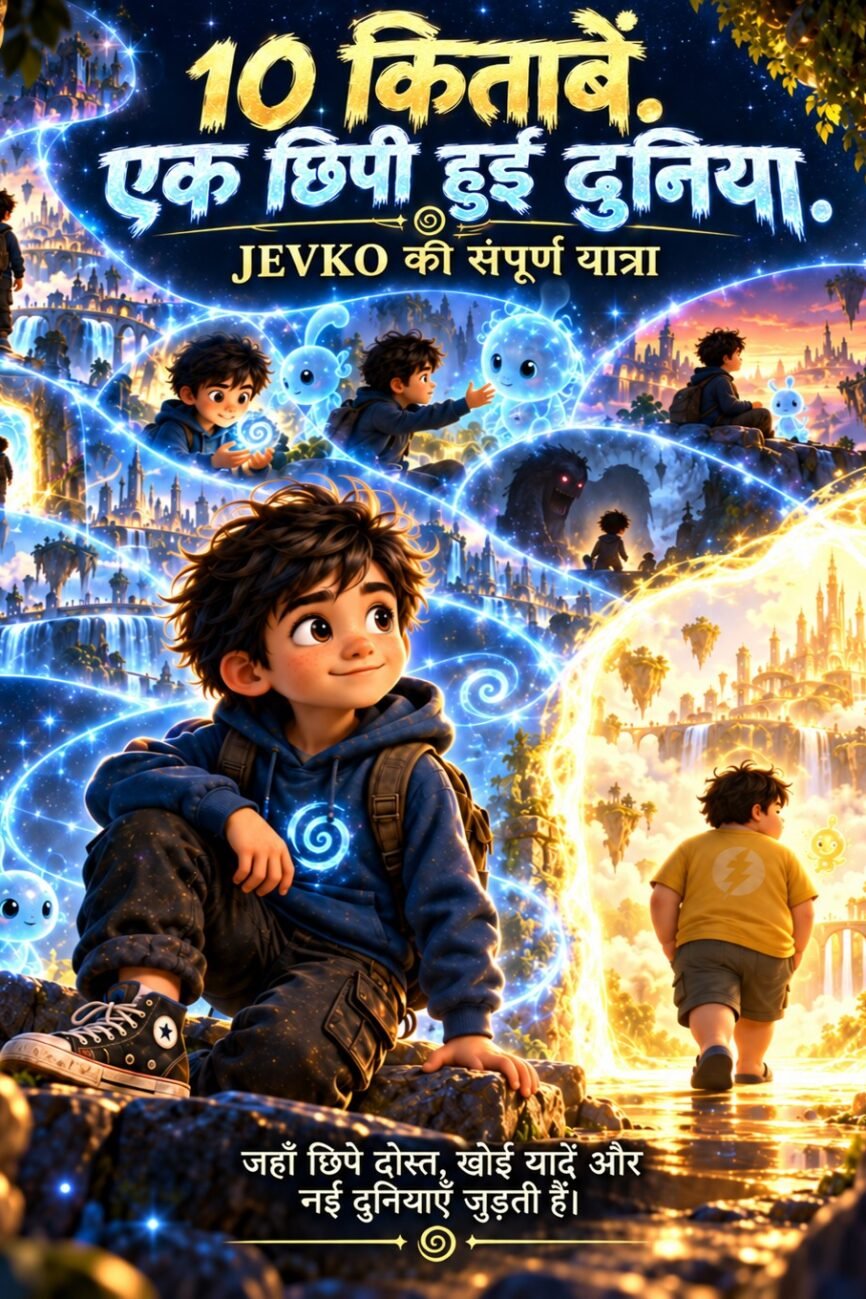 Ten stories and one hidden world artwork showing JEVKO, glowing creatures, lost memories and connected fantasy realms.