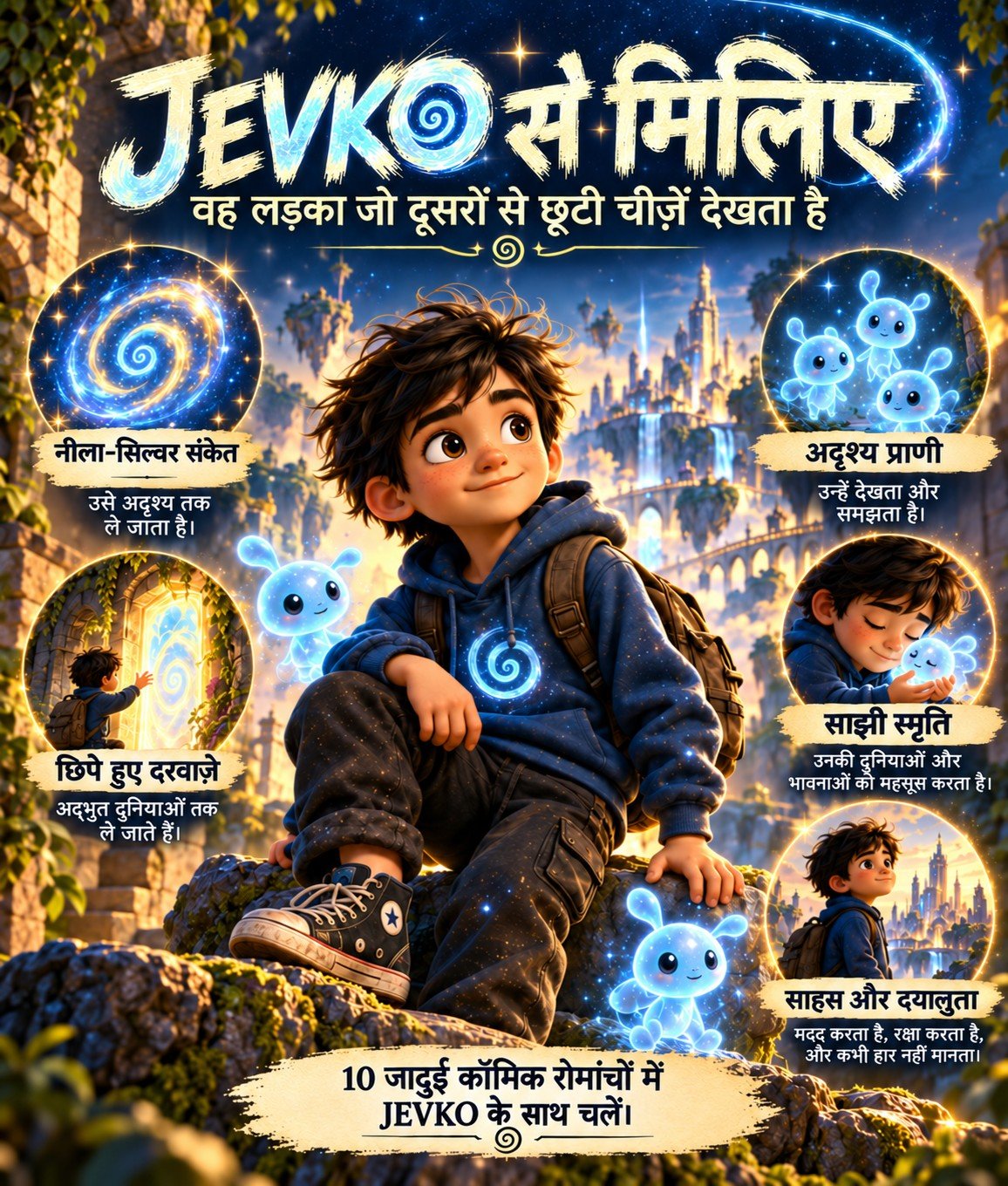Meet JEVKO Hindi character guide highlighting a blue-silver signal, hidden doors, invisible creatures, shared memory and courage.