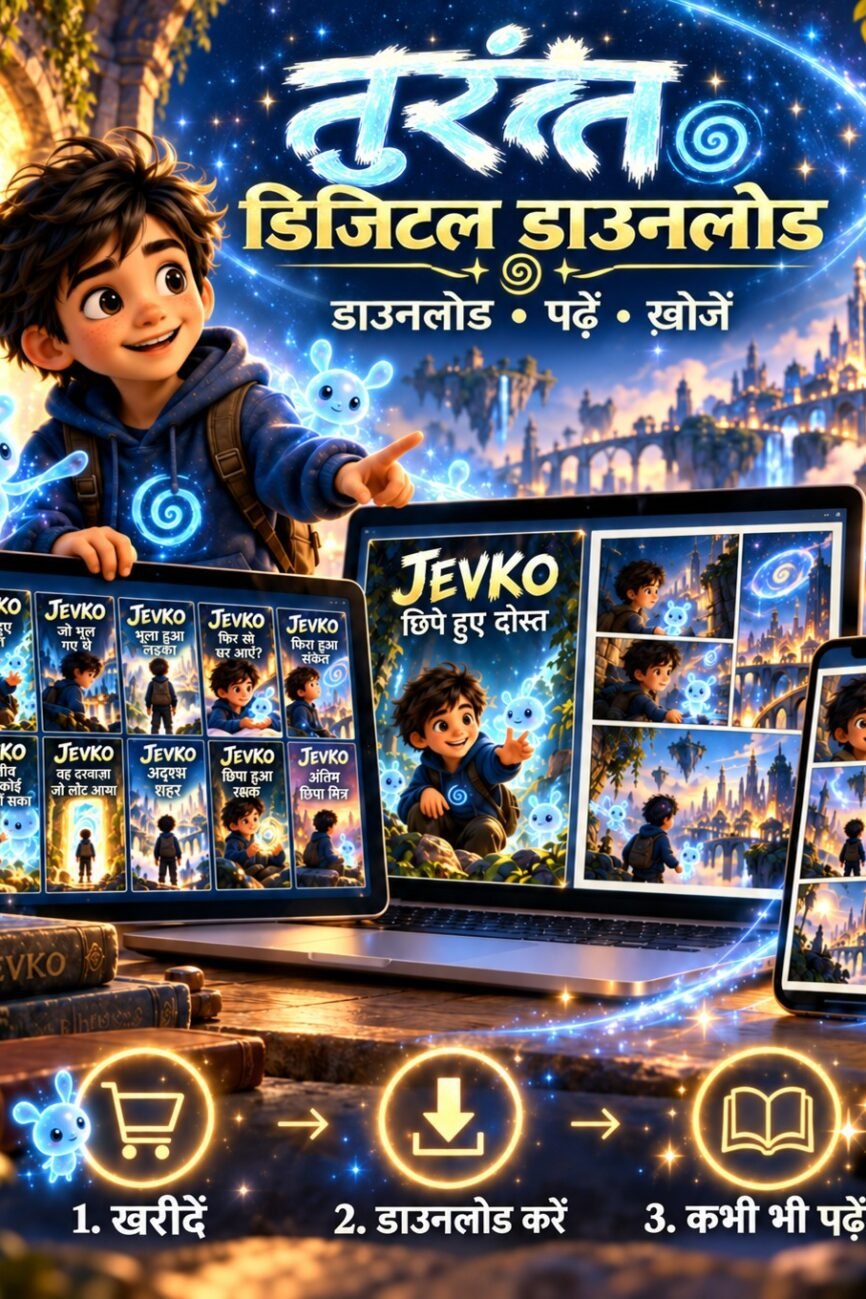 Hindi JEVKO instant digital download mockup shown on tablet, laptop and phone with purchase, download and read-anytime steps.