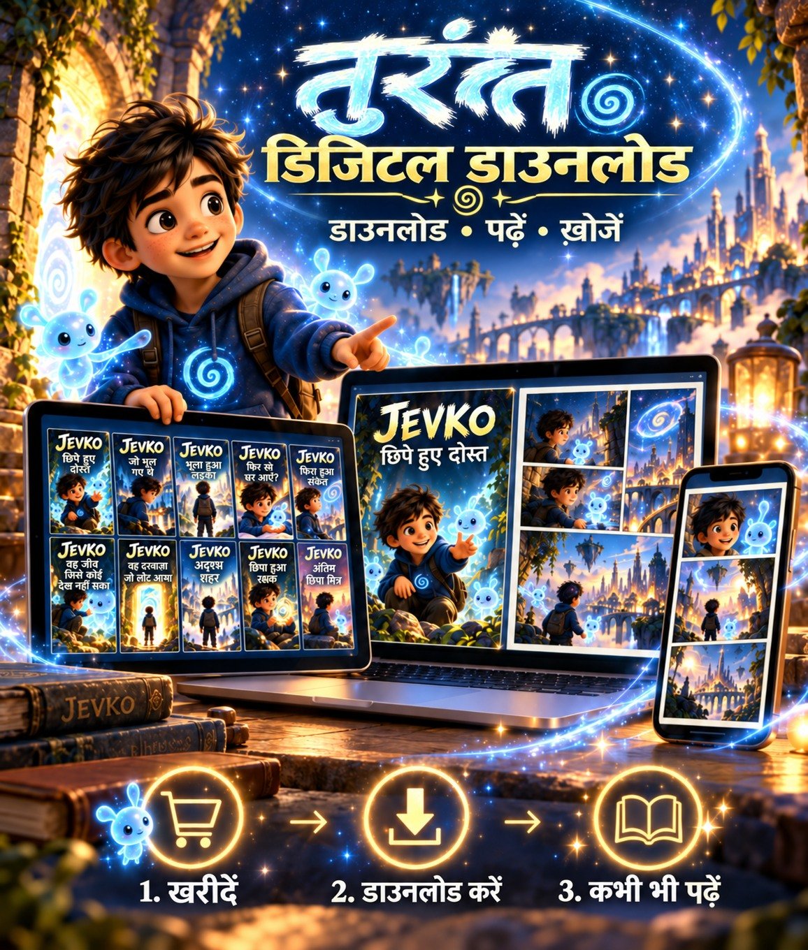 Hindi JEVKO instant digital download mockup shown on tablet, laptop and phone with purchase, download and read-anytime steps.