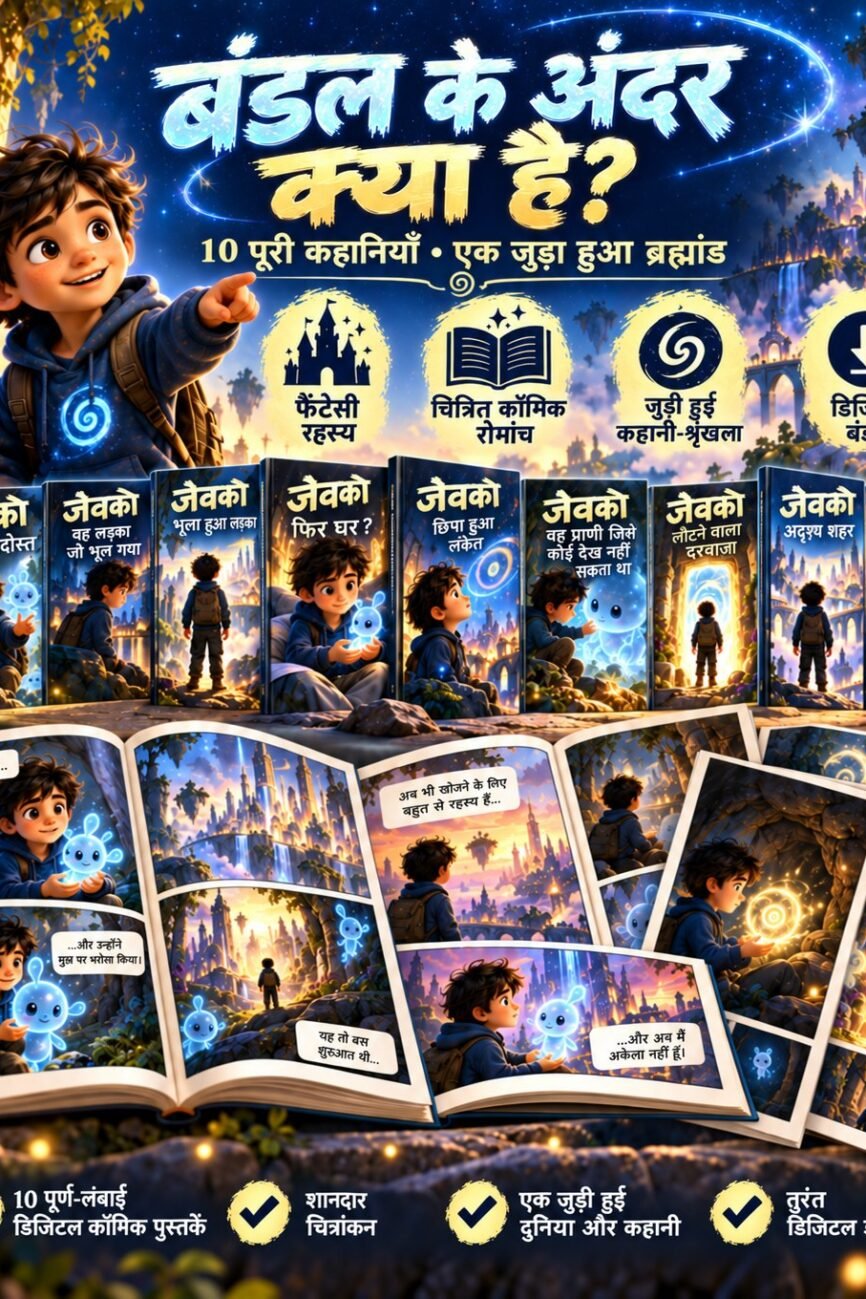 Hindi JEVKO bundle contents graphic showing ten comic covers, illustrated pages, a connected story arc and instant download.