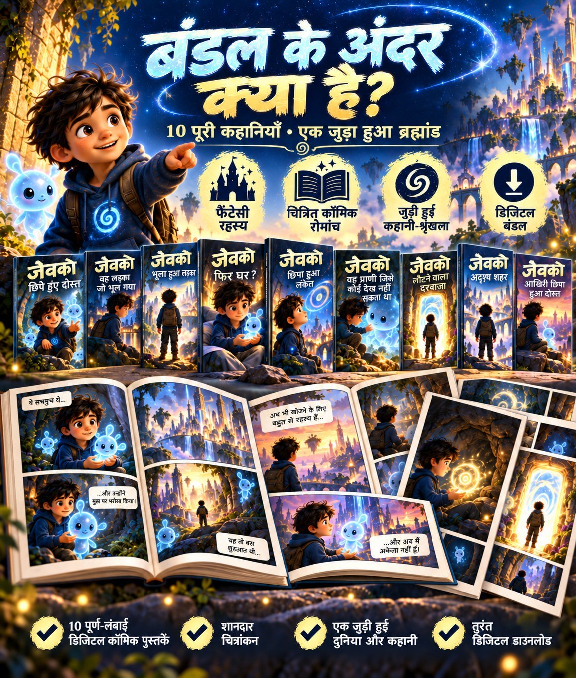 Hindi JEVKO bundle contents graphic showing ten comic covers, illustrated pages, a connected story arc and instant download.