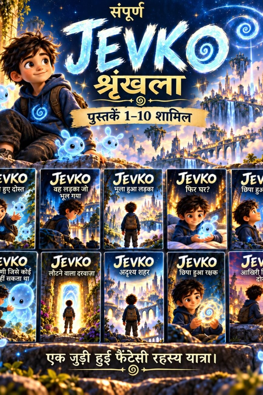 Complete JEVKO Hindi series graphic displaying Books 1-10 with the young hero, glowing friends and a floating fantasy city.