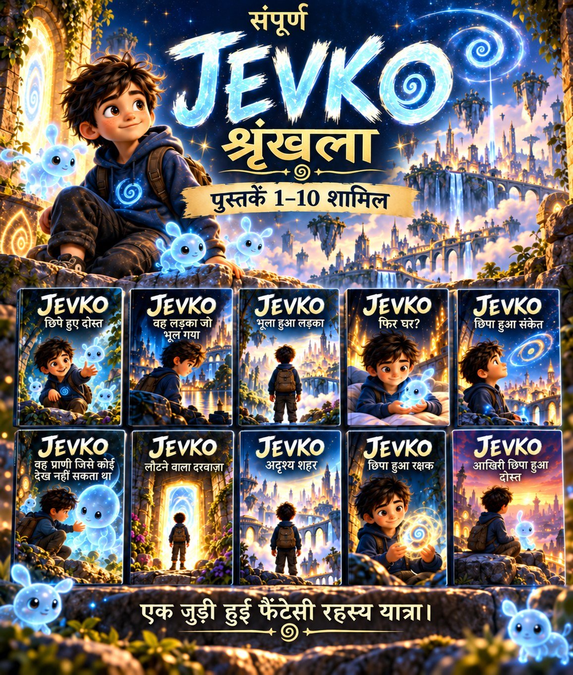 Complete JEVKO Hindi series graphic displaying Books 1-10 with the young hero, glowing friends and a floating fantasy city.