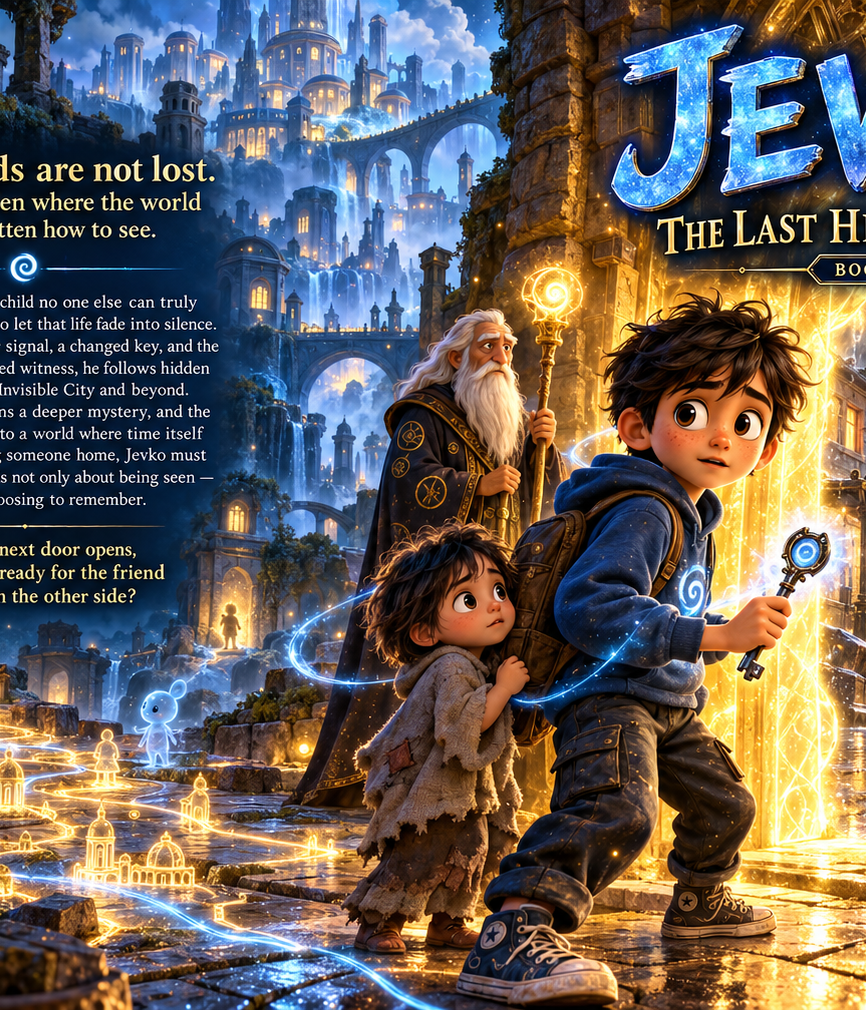 JEVKO Book 10 cover spread showing JEVKO, a forgotten child, an elderly keeper and a glowing doorway to a clock-filled city.